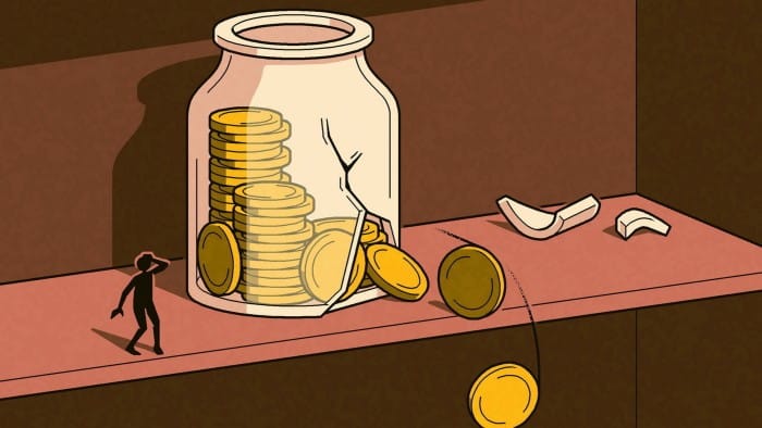 Matt Kenyon illustration of a broken jar on a shelf with gold coins falling out of the crack as an exasperated figure looks on