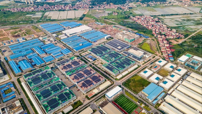 Aerial view of Foxconn factories with solar panels on top at the Quang Chau industrial park in the Bac Giang province of Vietnam