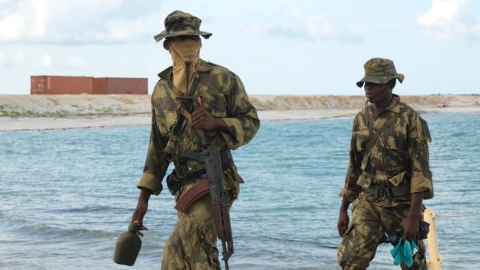 Mozambican marines on the docks of the Total gas plant in Afungi in the Cabo Delgado province