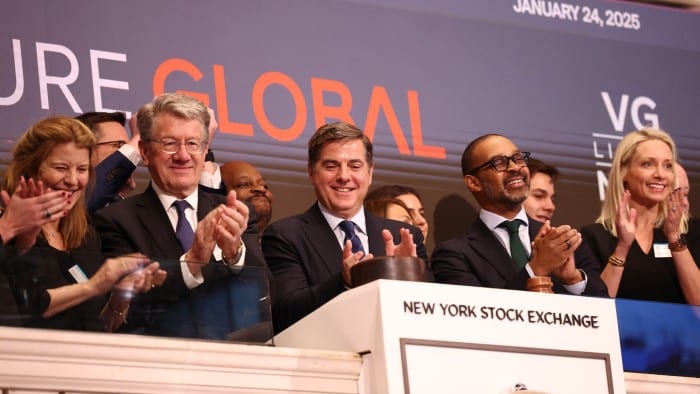 Executives of Venture Global celebrate at the New York Stock Exchange at the company’s IPO in January