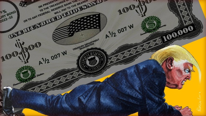 Illustration of Trump being crushed by a giant treasury bond