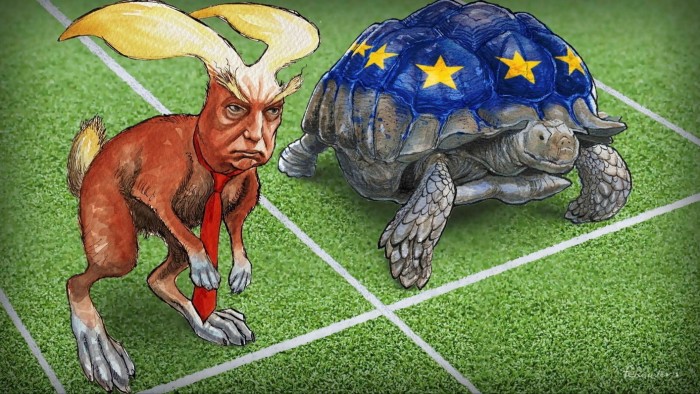 Trump in the form of a hare with a tortoise with an EU flag on its back at the start of a race
