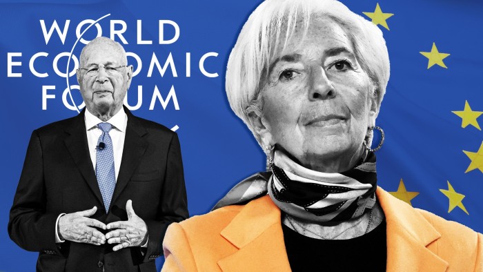Montage of former WEF chair Klaus Schwab, left, and ECB president Christine Lagarde, right, with the World Economic Forum and EU logos behind them on a blue background