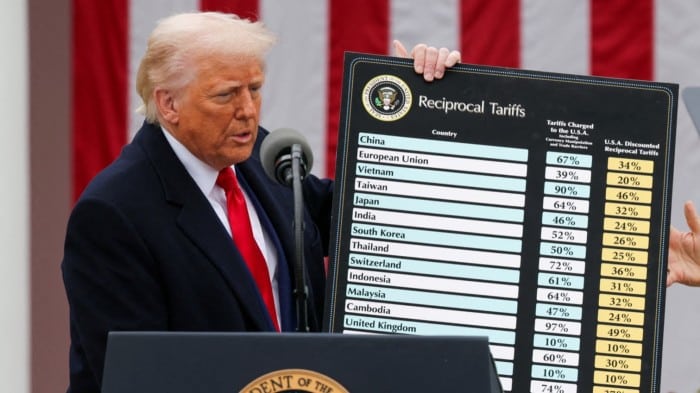 US President Donald Trump holds a tariff chart
