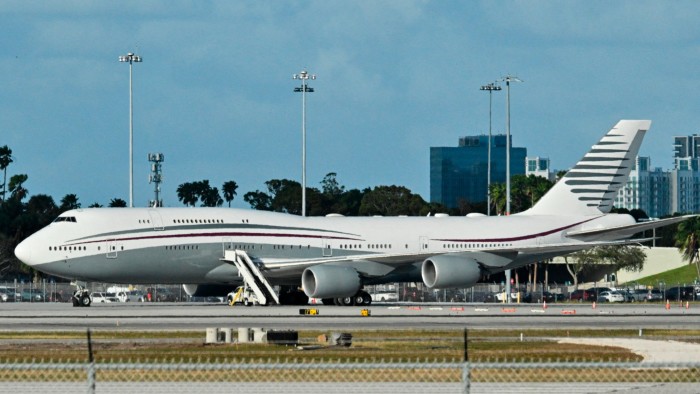 A Boeing 747 sits on the tarmac of Palm Beach International airport after US President Donald Trump toured the aircraft
