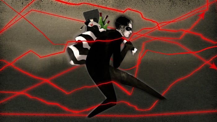 Ann Kiernan illustration of a cat burglar weaving through a web of lasers.