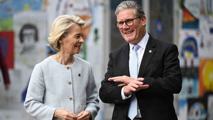 Ursula von der Leyen and Sir Keir Starmer, greet each other, ahead of their bilateral meeting at the sixth European Political Community summit in Tirana, Albania