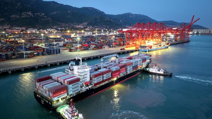 A container ship arrives at a port in Lianyungang, in China’s eastern Jiangsu province