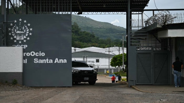 A vehicle leaves the Santa Ana Penitentiary Agricultural Industrial Complex in Santa Ana, El Salvador