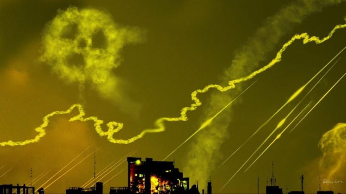 Illustration of a night sky lit up by missiles and explosions, with smoke forming the nuclear symbol in the sky