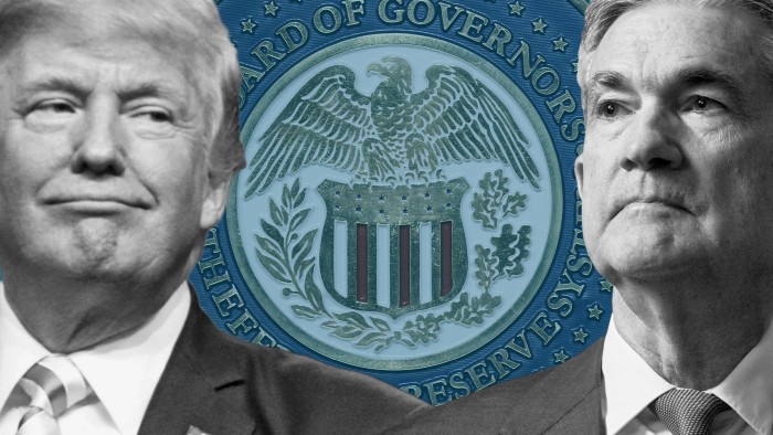 A montage of Donald Trump, the seal of the Federal Reserve Board of Governors and Jay Powell