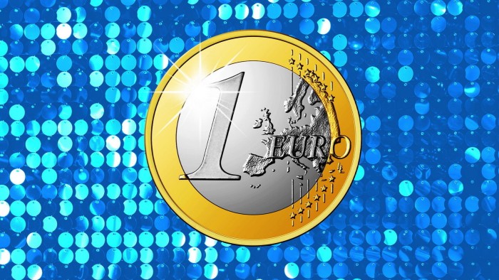 A Euro coin set against a blue, glittery background
