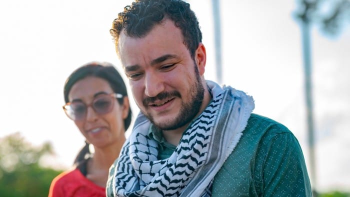 Palestinian activist and former Columbia University graduate student Mahmoud Khalil, centre, speaks after his release from a federal immigration detention centre in Jena, Louisiana on June 20 2025