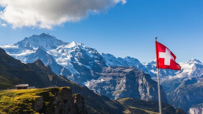 view of the Jungfrau and mountain range of Bernese alps from Mannlichen cablecar station, Switzerland.