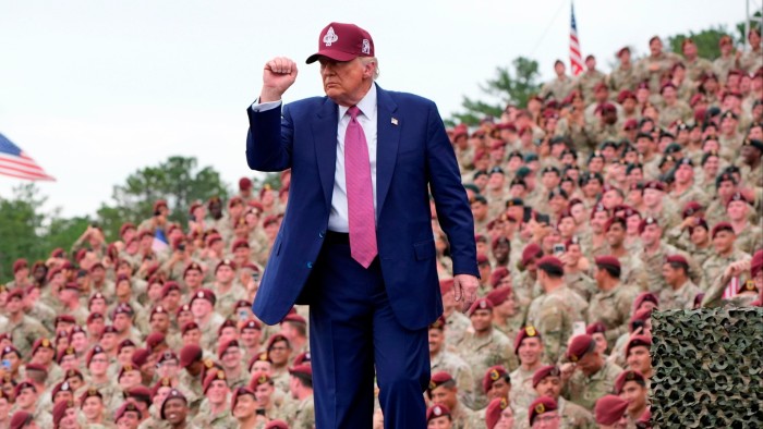 President Donald Trump gestures after speaking at Fort Bragg, Tuesday, June 10, 202