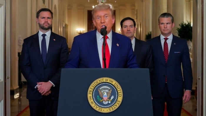 From left, Vice-president JD Vance, President Donald Trump, secretary of state Marco Rubio and defence secretary Pete Hegseth during an address to the nation on June 21