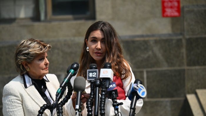 Miriam Haley, right, speaks during a press conference outside Manhattan criminal court after a hearing ahead of Harvey Weinstein’s retrial for his rape and sexual assault charges in New York on June 11 2025