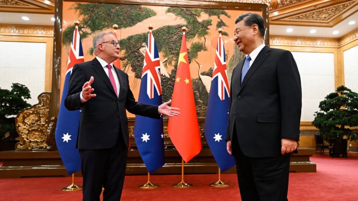 Australia’s Prime Minister Anthony Albanese meets China’s President Xi Jinping at the Great Hall of the People in Beijing in 2023