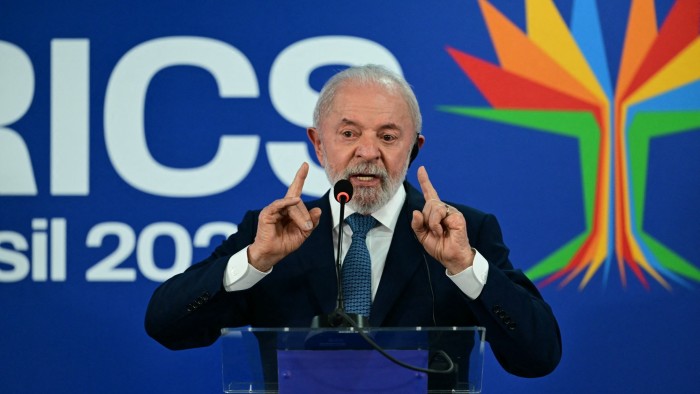 Brazil’s President Luiz Inácio Lula da Silva peaks during a press conference at the Brics summit in Rio de Janeiro on July 7 2025