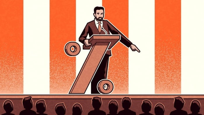 Matt Kenyon illustration of a man speaking at a lectern shaped as a percentage sign