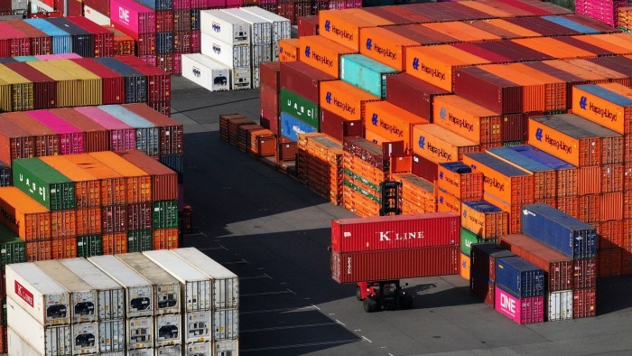 Stacked shipping containers in Hamburg