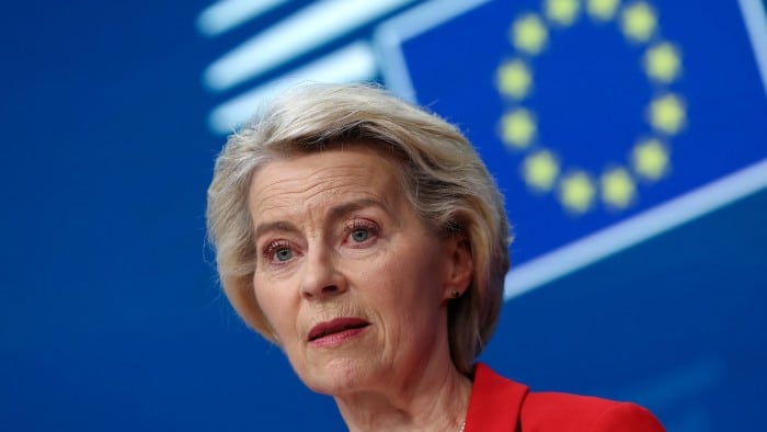 European Commission president Ursula von der Leyen attends a press conference with Polish Prime Minister Donald Tusk and European Council President António Costa in Brussels