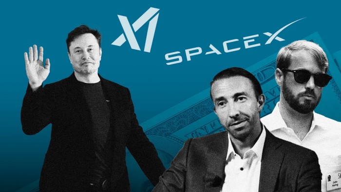 (L-R) Elon Musk, Alexander Tamas and John Hering with logos of xAI and SpaceX