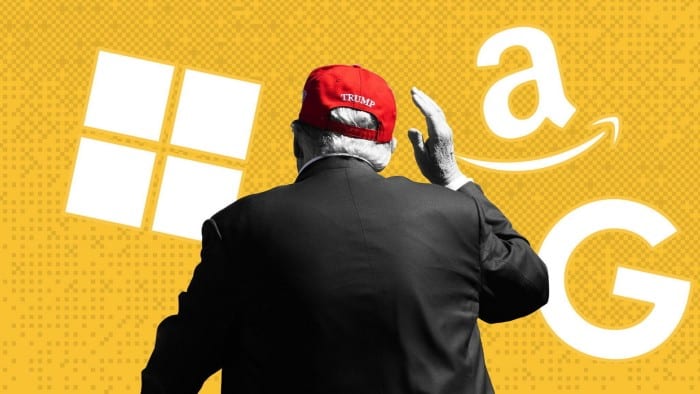 Donald Trump facing away, with Microsoft, Amazon and Google logos in the background