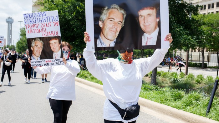 Protesters in Dallas display images of Jeffrey Epstein with Donald Trump