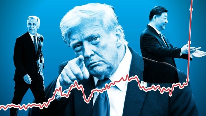 Composite image of Donald Trump, Mark Carney and Xi Jinping, with a line graph overlaid