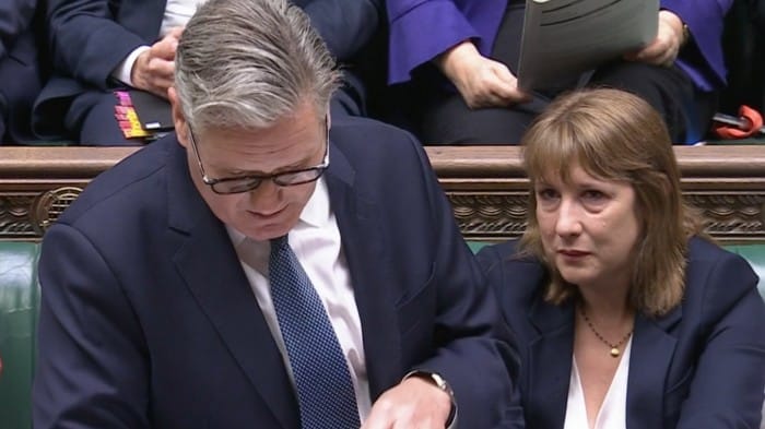Rachel Reeves crying in the House of Commons as Keir Starmer speaks