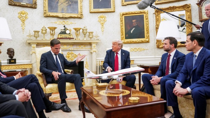 Us President Donald Trump, flanked by vice-president JD Vance and Secretary of State Marco Rubio, meet with Nato secretary-general Mark Rutte in the Oval Office at the White House in Washington, D.C., US, July 14, 2025.